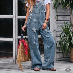 Distressed Wide-Leg Denim Overalls - NWT- Medium Women